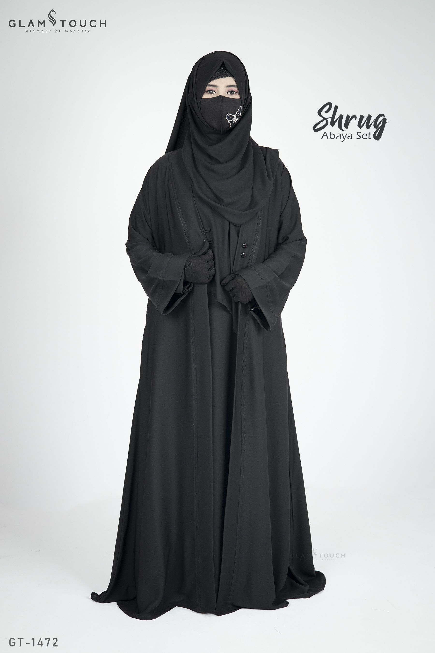 Glam Touch High Quality Solid SHRUG ABAYA SET(Gown + Koti/Kimono + Matching Hijab) Made With Premium Dubai Cherry Fabric for Muslim Women