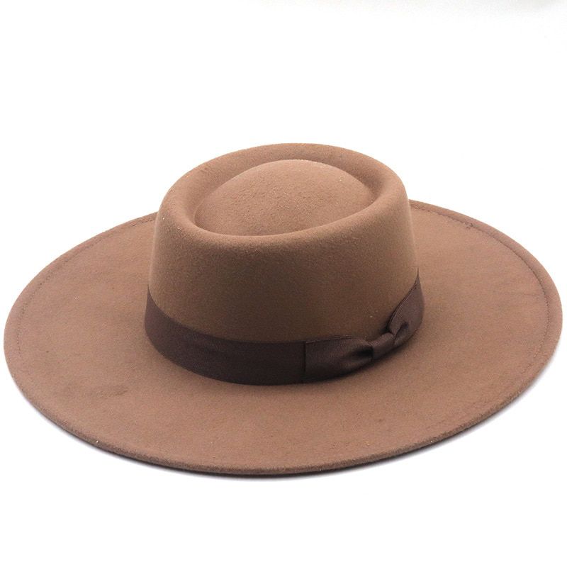 Wool Felt Fedora Hats With Belts Women Men Large Brim 9.5cm Big ple Classic Jazz Caps Solid Color Formal Dress Church Cap