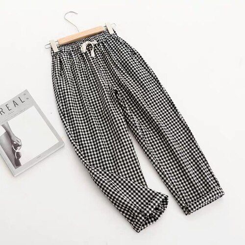 Spring Summer Plaid Pants Women's Harem Pants Capris Drawstring Waist Large Size Casual Loose Cotton Linen Trousers Women