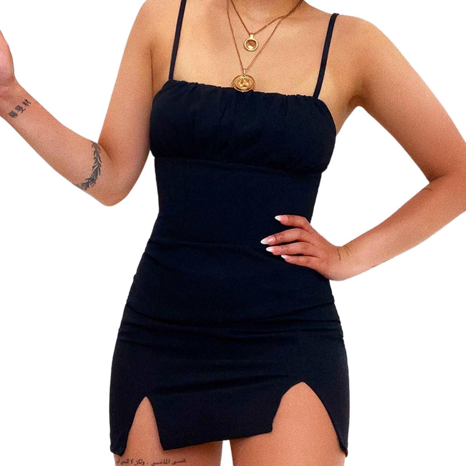 Women Sleeveless Double Split Dress Fashion Summer Solid ColorMini Bodycon Dress Chic Ladies Pleated Sundress