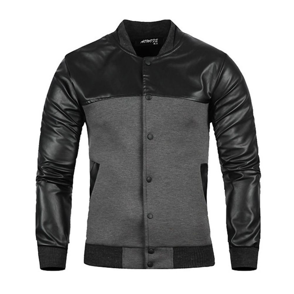 Yfashion Men Splicing  Cotton PU Leather Stand Collar Single Breasted Combined Color Fashion Male Coat