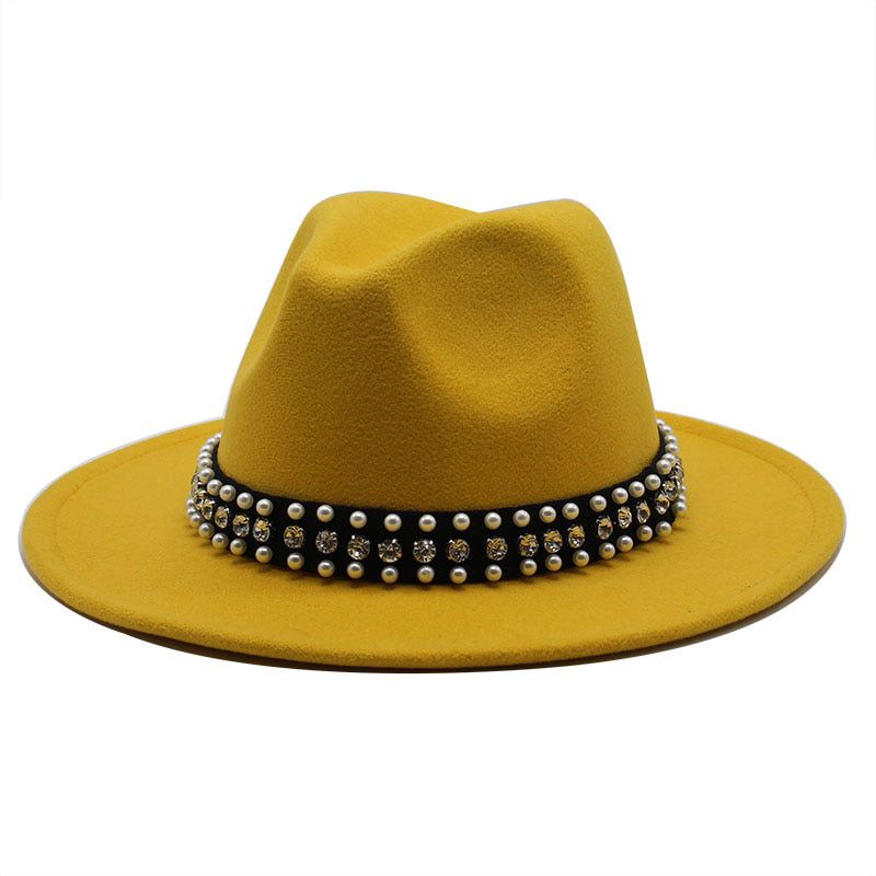Women men Wool Jazz Fedora Hats Casual Men Women Pearl ribbon Brim Felt Hat white pink yellow Panama Trilby Formal Party Cap