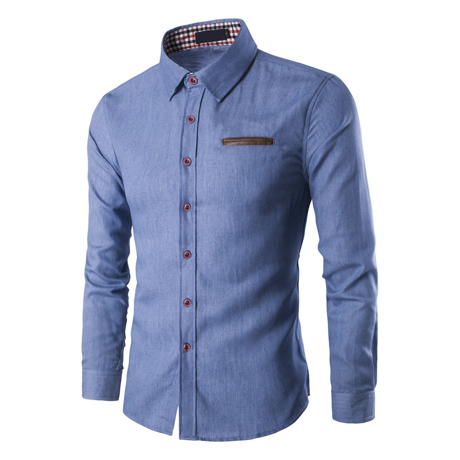 Jeans Shirt Turndown Collar Plaid Patchwork Slim-fitting Jeans Shirt