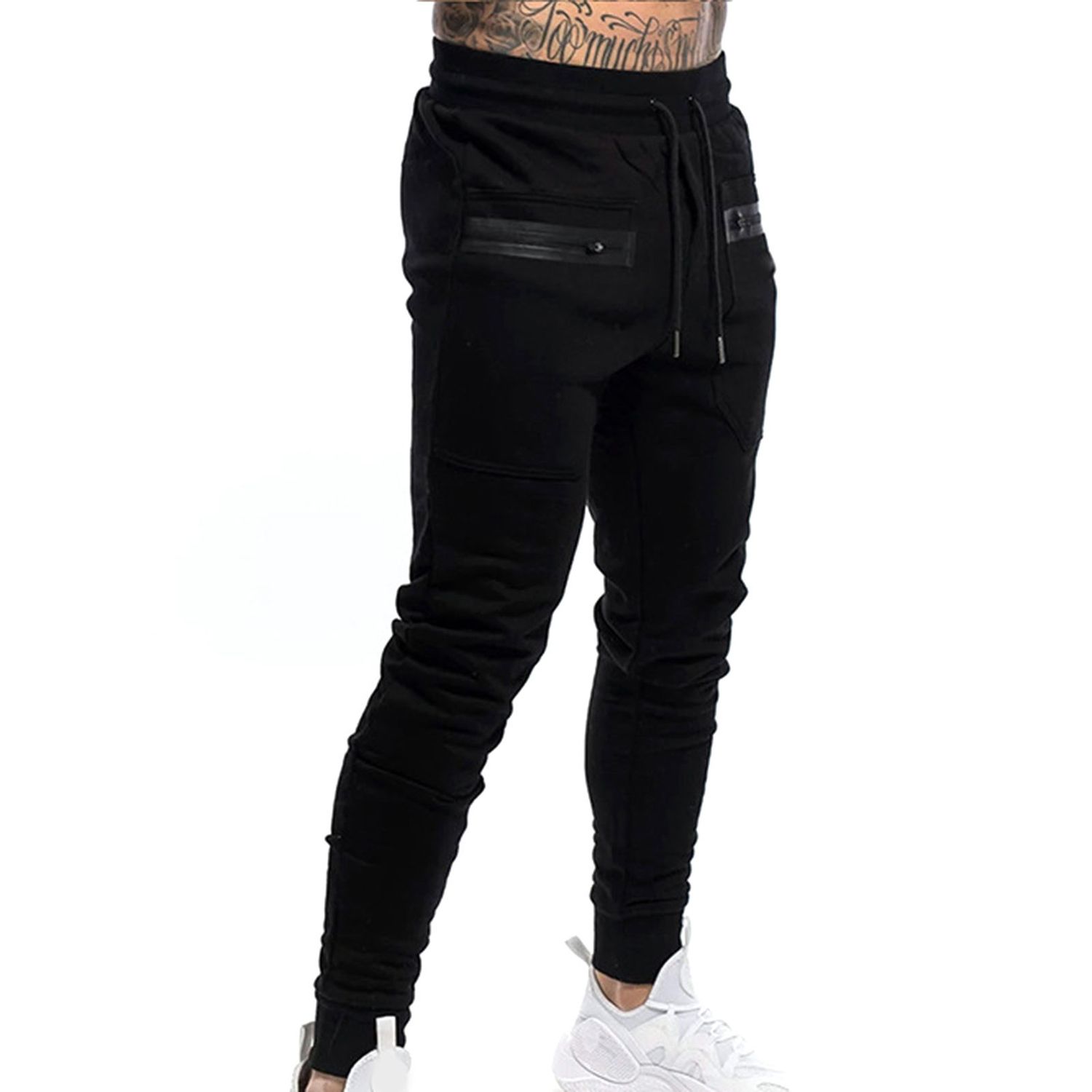 Training Trousers Zipper Pockets Solid Color Drawstring Men Fitness Pants