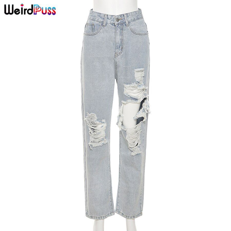 Autumn Fashion Hollow Out High Waisted Denim Casual Pants Loose Hip Hop Pants Zipper Fly Streetwear Clubwear