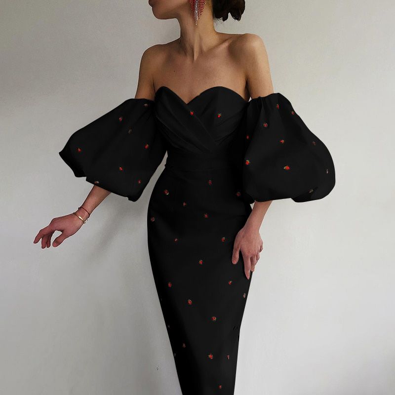 Women Elegant Dress Lantern Sleeve Casual Strawberry Print Off Shoulder Party Mid Calf Dress Summer Female