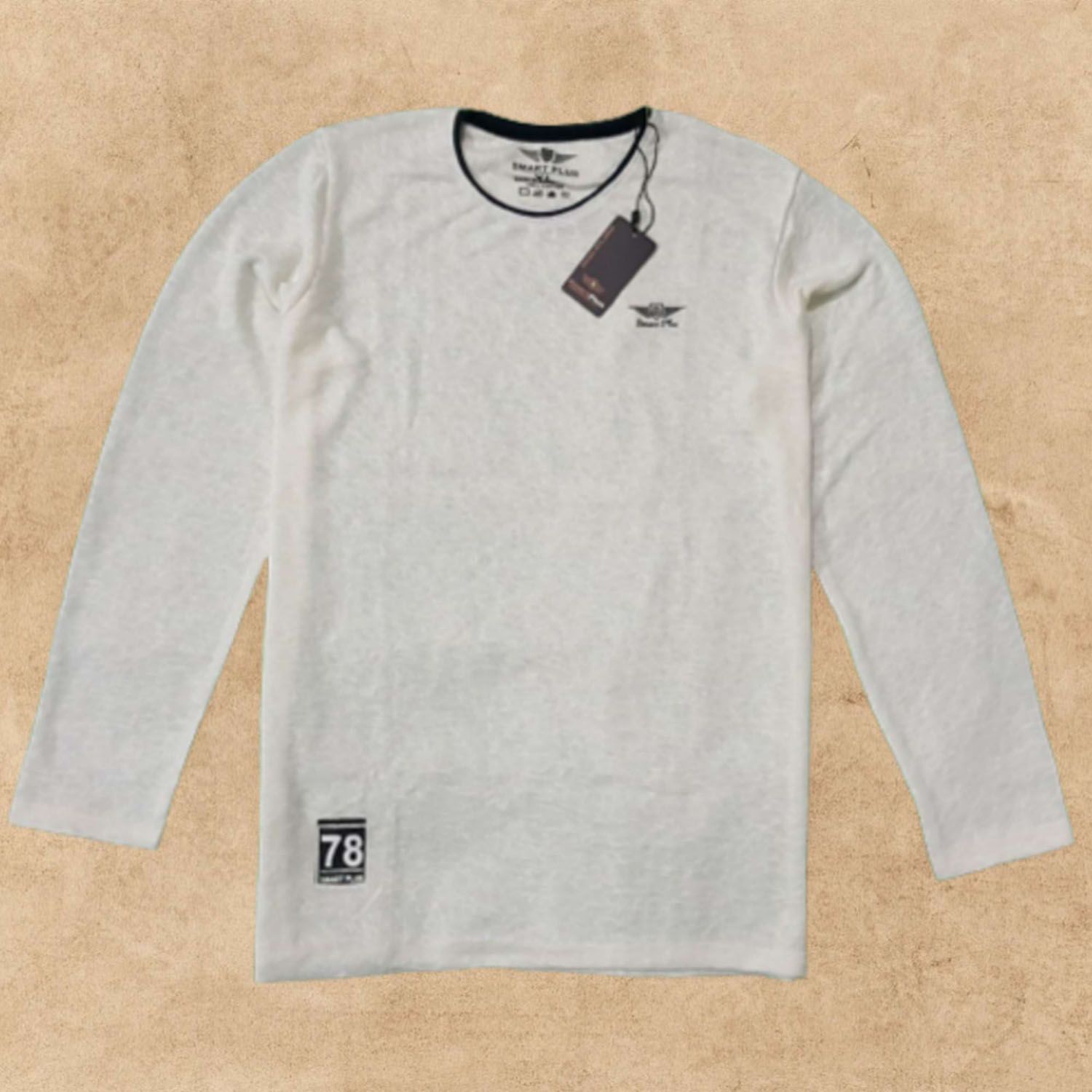 STRETCHABLE SILKY COTTON REGULAR-FIT OFF WHITE PRINTED ROUND-NECK LONG-SLEEVE T-SHIRT, FOR MEN'S.