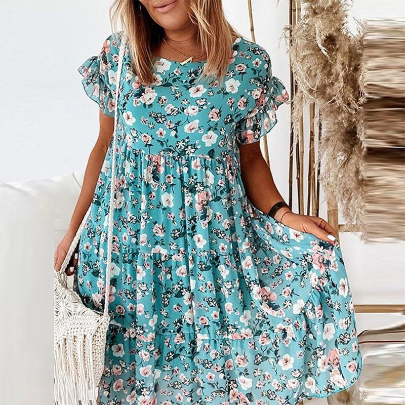 Spring Summer Hot New Women Dress Fashion Print Short Sleeve A-Line Party Dress Elegant O Neck Loose Mini Dresses Vestidos