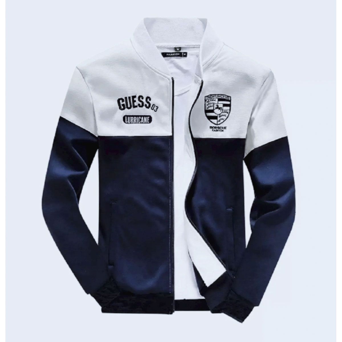 White and Navy Blue Polyester Long Sleeve Hoodie for Men - Hoodie For Men