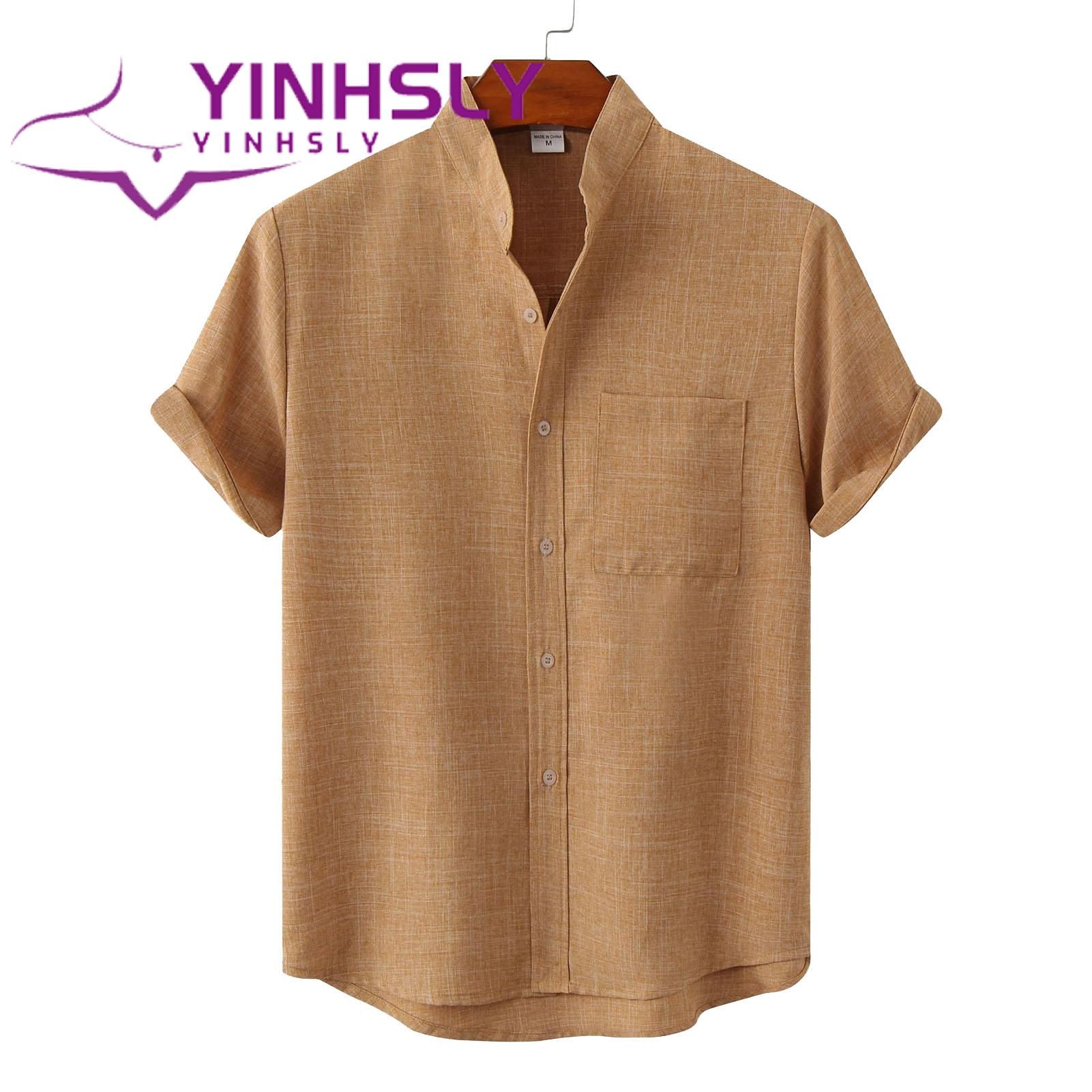 Male Shirt Buttons Closure Summer Stand Collar Vintage Daily Shirt