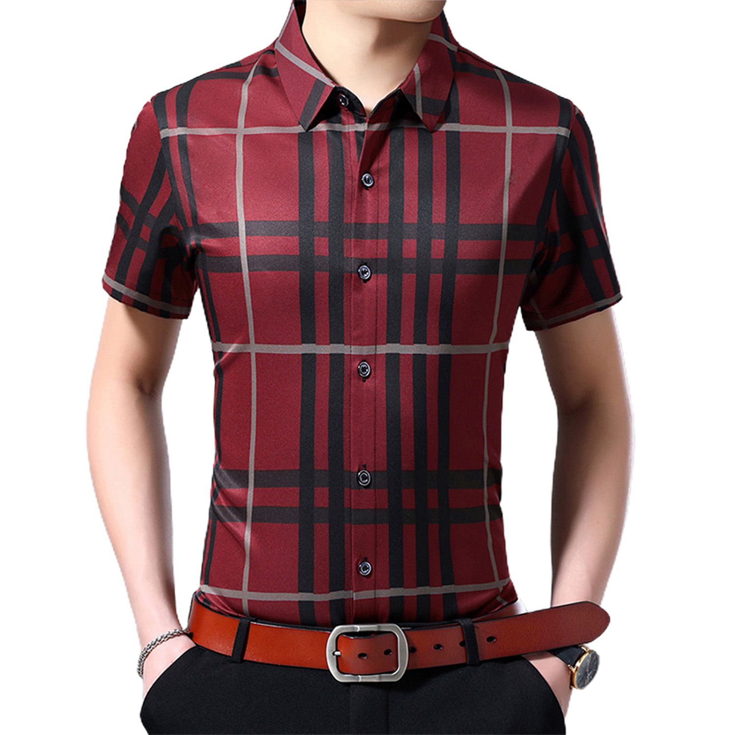Men Shirt Single-breatsed Quick-dry Plaid Pattern Short Sleeve Polyester Streetwear for Club