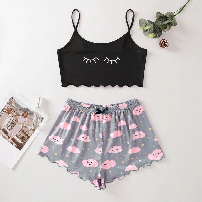 2 Pieces Pajamas for Girls Set Summer Women Sleepwear Short Sleeve Nightgown Female Ladies y Lingerie Pyjamas Milk