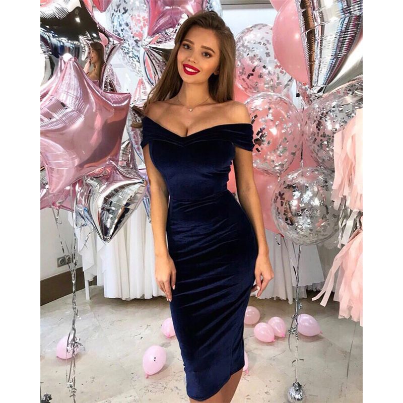 CNYIS2021 Velvet Off tShoulder Party Dress Women Fashion  Slim Bodycon Slash Neck Dress Women Velvet Dresses Vestidos