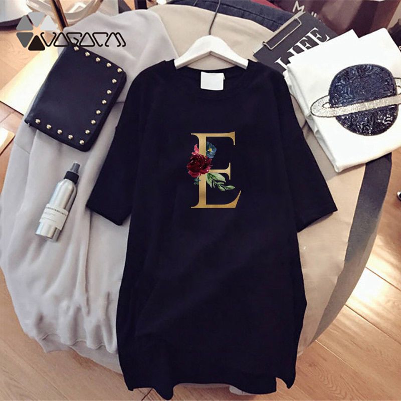 Women Mini Dress Alphabet Flower Loose Casual Fashion Robes Mujer Tshirt Dress Short Sleeve Harajuku Summer Clothes Vestidos