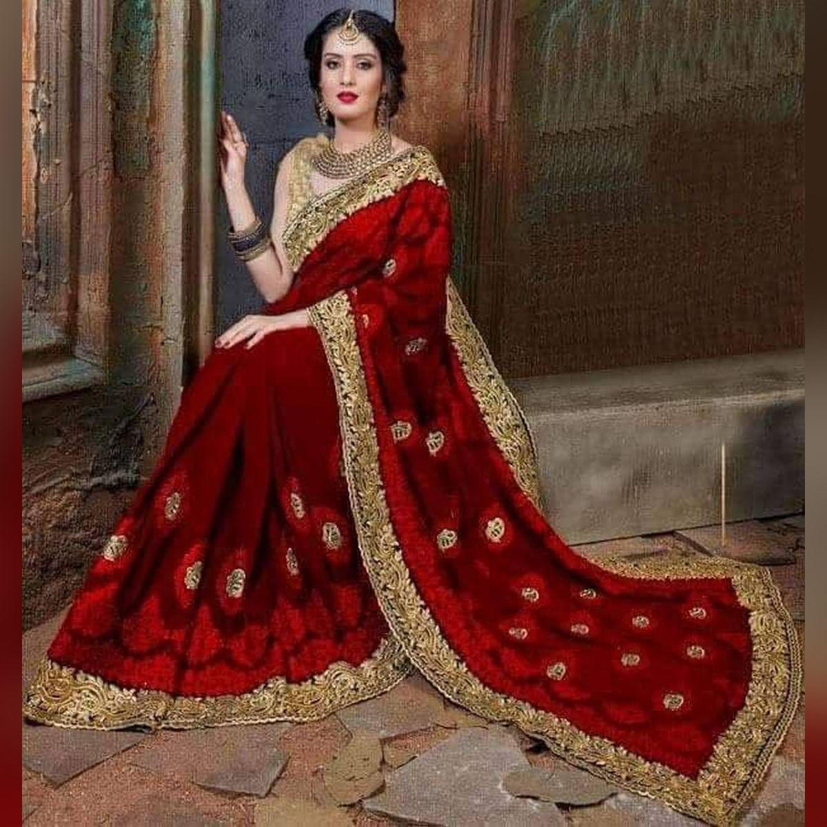 Indian Weightless Georgette Saree Maroon  Color High Quality Embroidery Work On Blouse