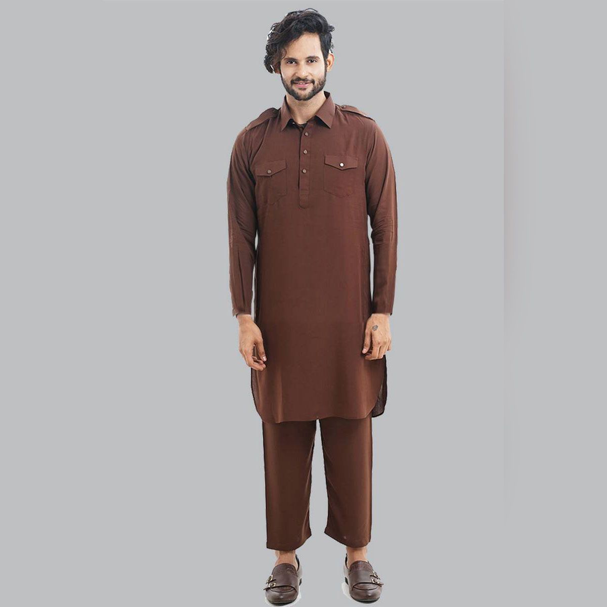 Fashionable Cotton Maroon Color Semi Long Kabli Set for Men