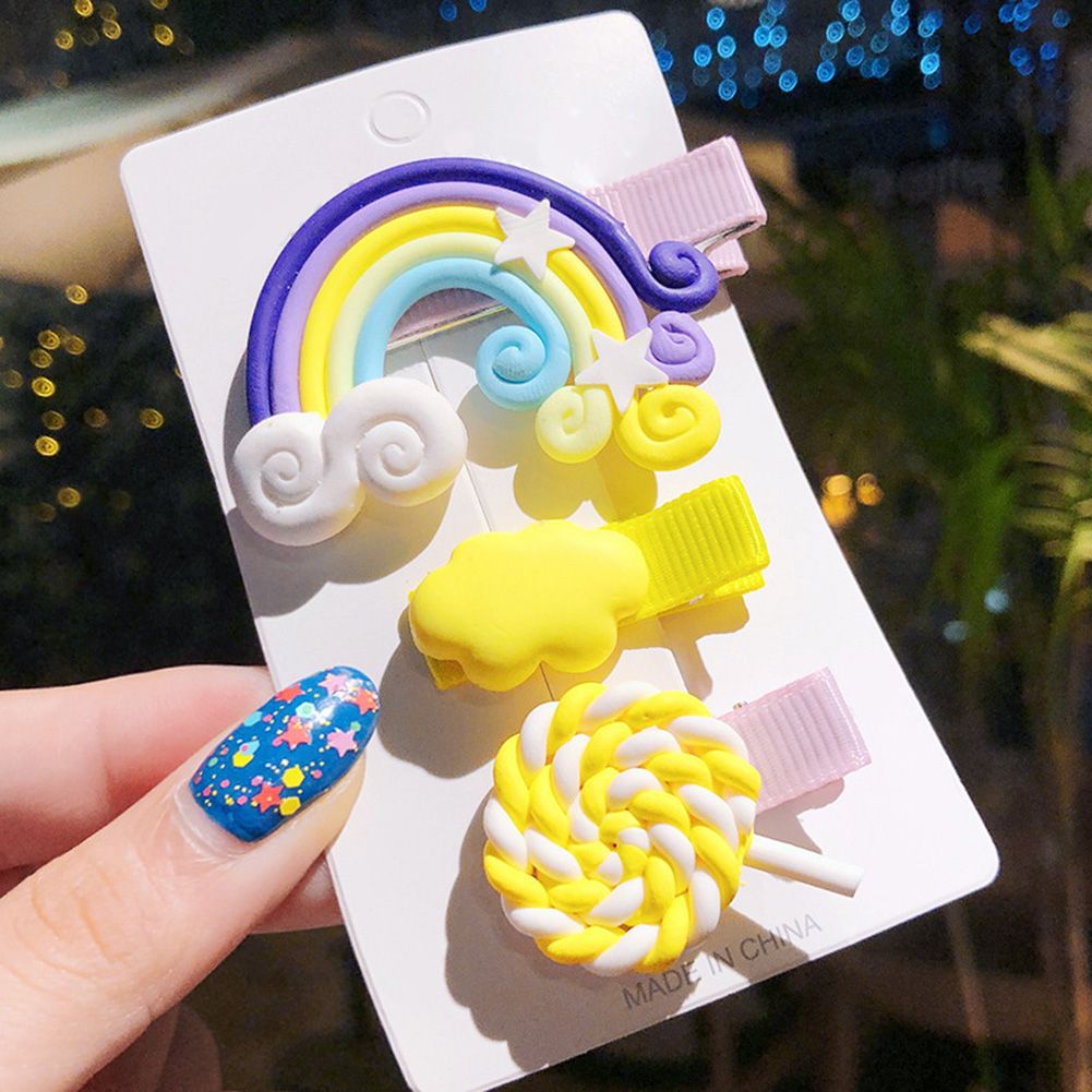 3Pcs Rainbow Cloud Lollipop Kids Girl Hairpins Side Bangs Hair Clip Accessory