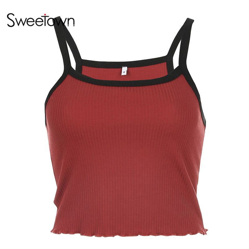 Sweetown Summer New Contrast Color Tank Top Women Casual Fitness Clothing Off Shoulder Strapless Crop Top Camisole