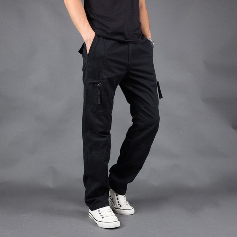 FALIZA New Cargo Pants Men's Zipper Side ckets Cotton Men  Style  Trousers Outwear Straight Loose Pants PA50