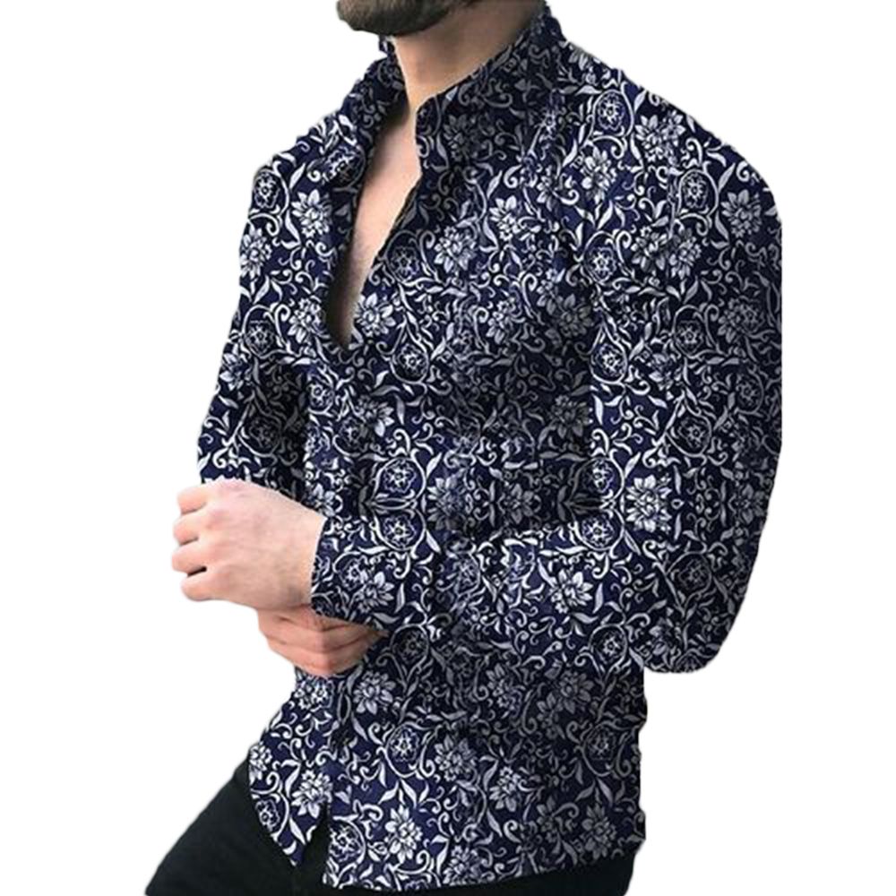 Fashion Men Casual Floral Print Slim Fit Long Sleeve Turn Down Collar Shirt Top