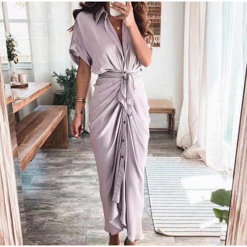 Women Summer Elegant on Ruched Bandage Shirt Dress Fashion Casual Short Sleeve Solid V Neck Beach Maxi Dress