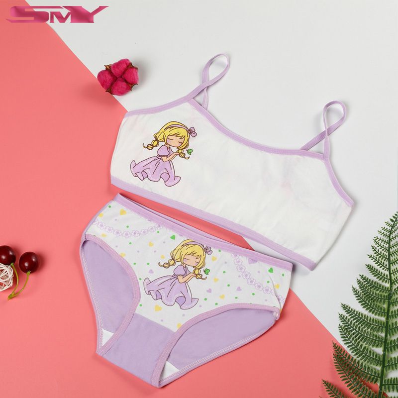 Pack of 1 Set (Bra + Briefs) Cotton Girls Suit Teenager Training Bra Set Breathable Cute Cartoon Printed Underwear 8-13 Yrs