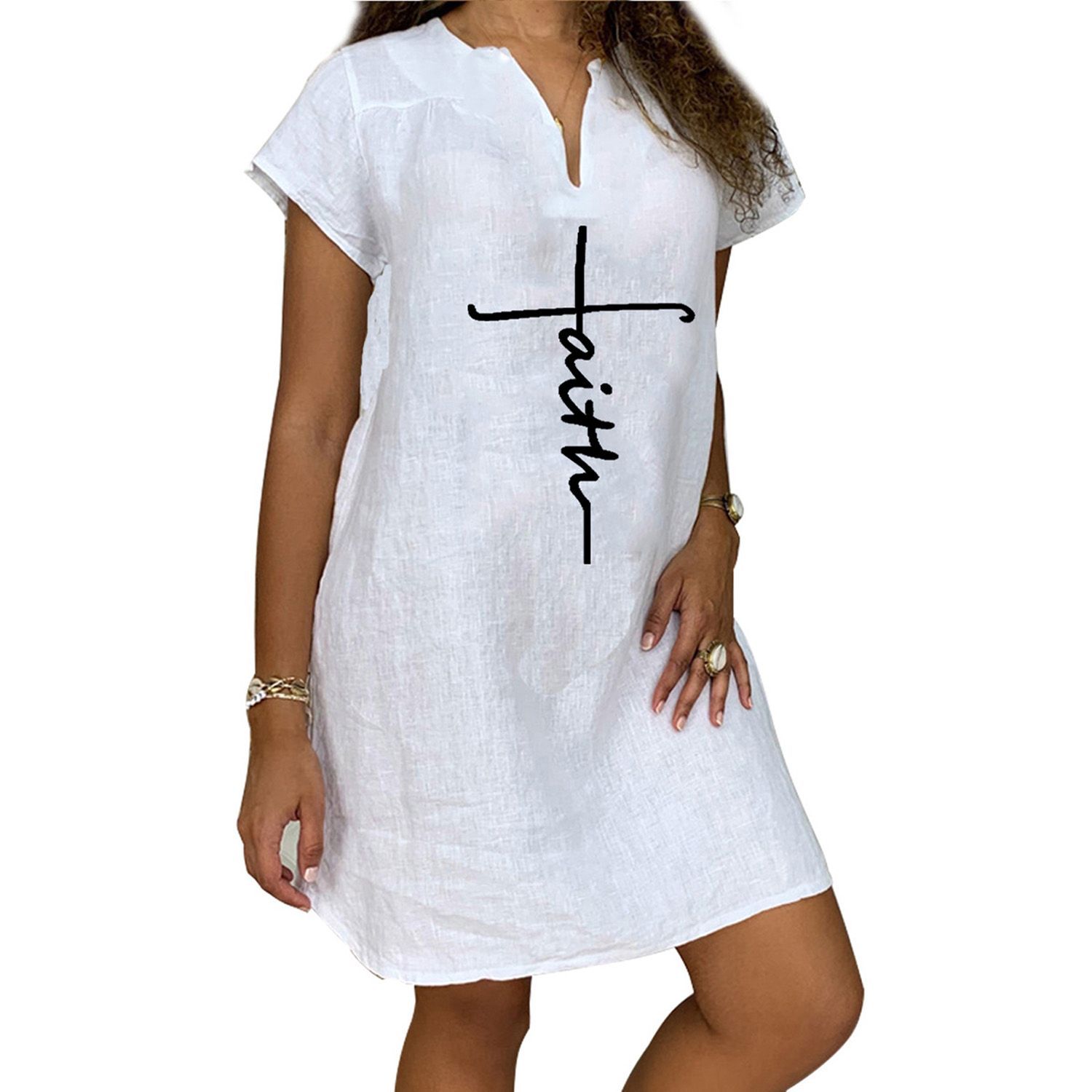Women Dress Letters Print V Neck Summer Solid Color Short Sleeve Dress for Office
