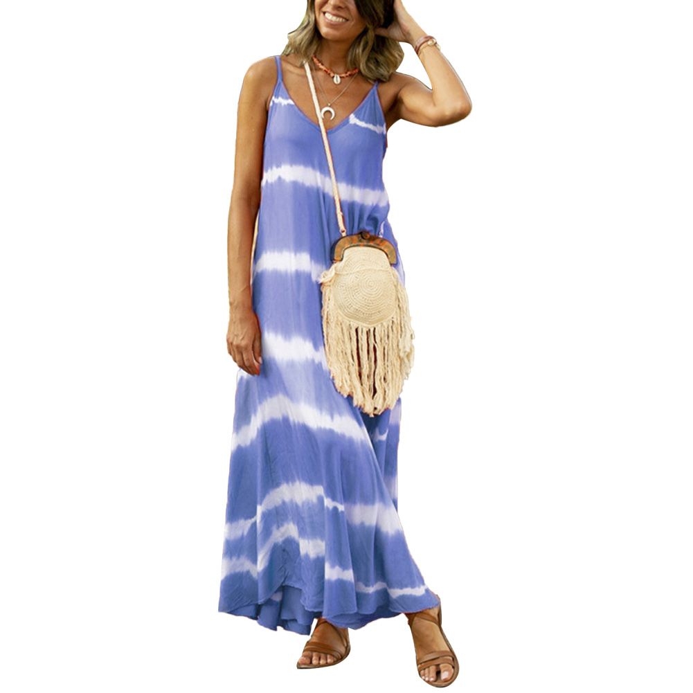 Women V Neck Sleeveless Tie Dye Stripes Print Large Hem Long Sling Dress