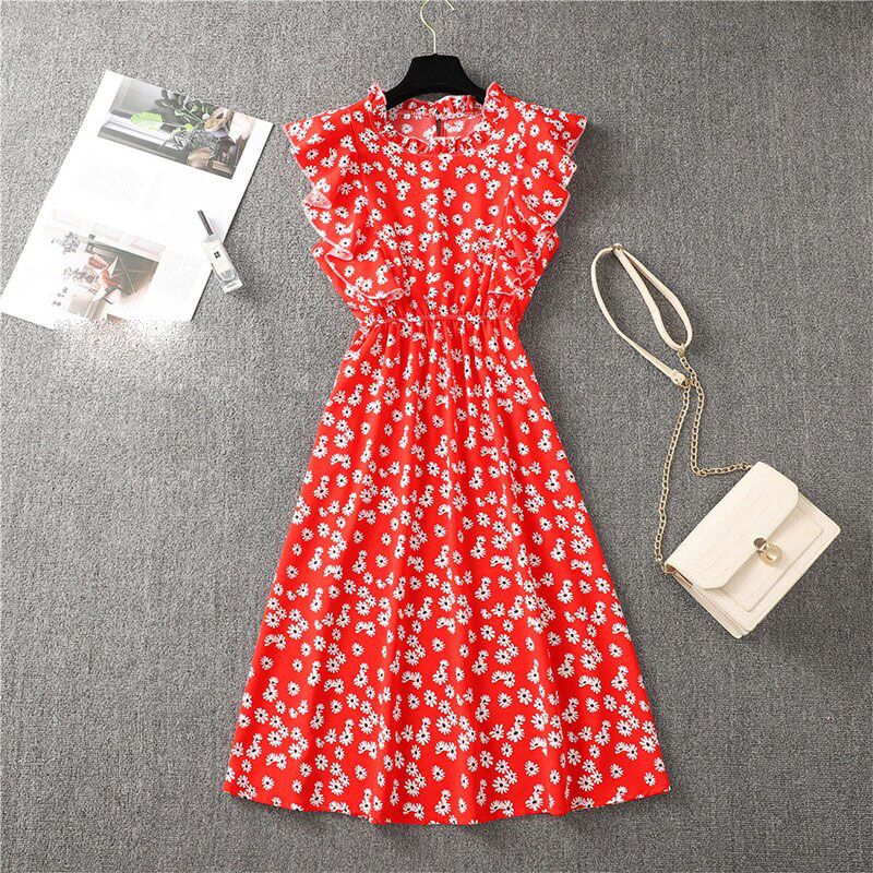 Summer Ladies Elegant Heart Dot Print Dress Women 2021 New erfly Sleeve Ruffles Medium Long Vacation Dress Blue Black Red