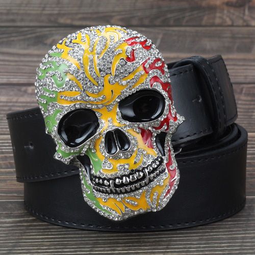 Man Skull Belt with Diamond Punk Style Men Metal Smooth Buckle Skull Head Skulls Pattern Belts Black Brown White
