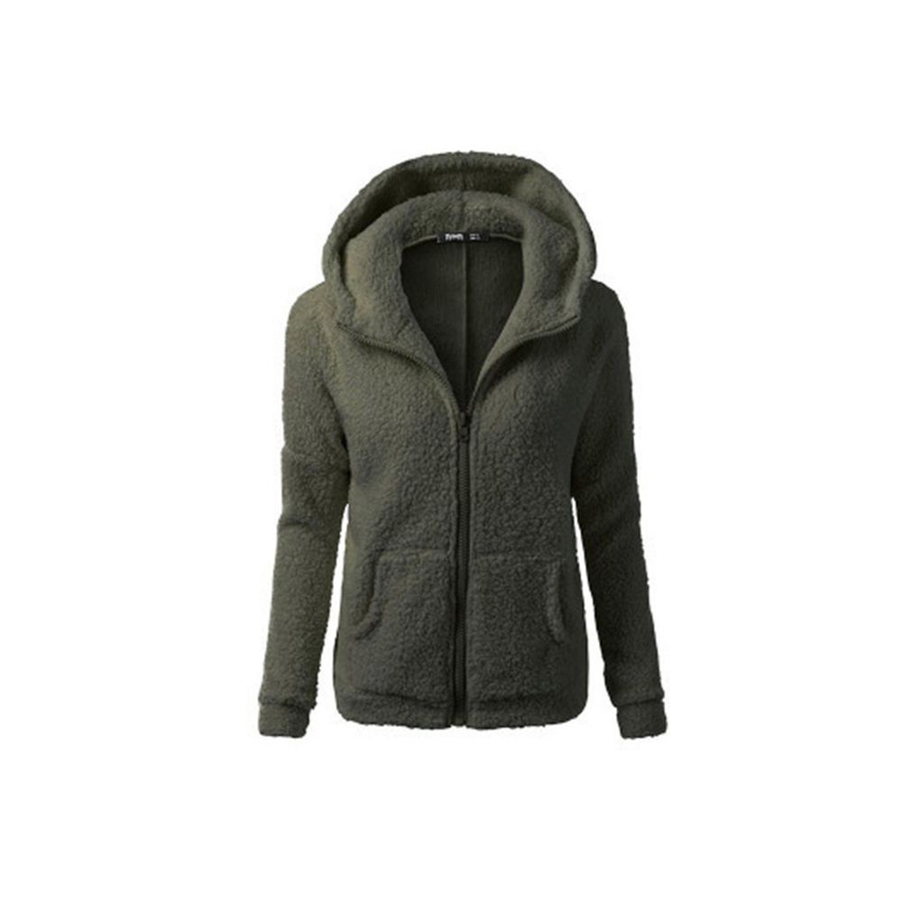 Women Winter Plush Pocket Hooded Sweatshirt Thicken Zipper Coat Outwear