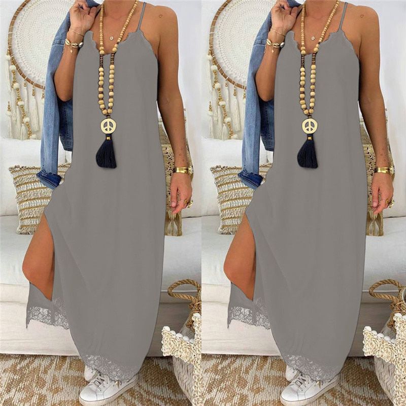 Black Lace Patchwork Strap Maxi Dress V Neck Sleeveless Side Split Women Summer Dresses Casual Beach Dress Loose Robe Femme