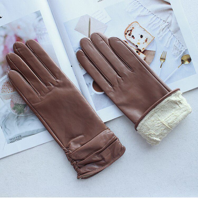 Women's sheepskin gloves classic elastic style velvet lining winter warm outdoor driving and riding fashion color leather gloves