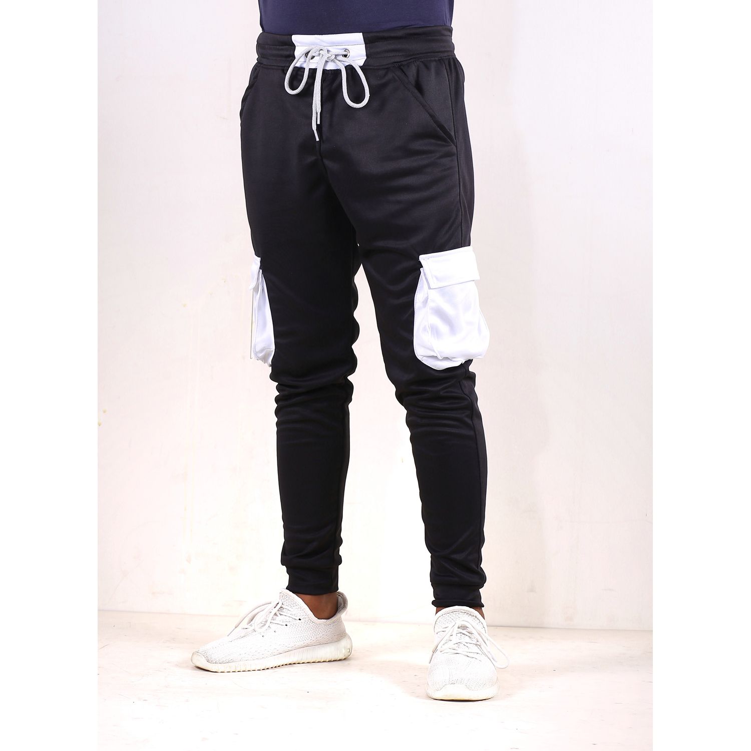 Men's Cargo Joggers in BLACK- White and Yellow Contrast Pockets.