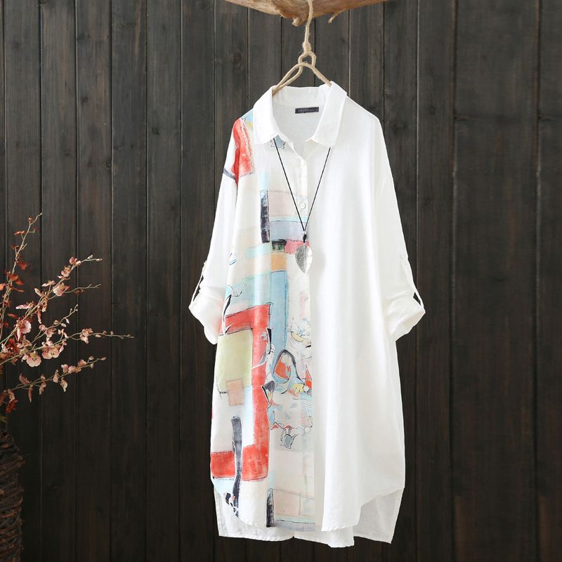 ZANZEA Womens Long Sleeve Printed Top Collared Buttons Down High Low Shirt Blouse