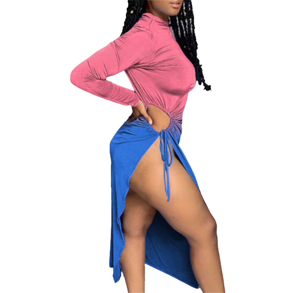 2021 Women Autumn Dress, Half High-Neck Long-Sleeves Form-Fitting High-Slit Skirt for Ladies, Pink Blue/G