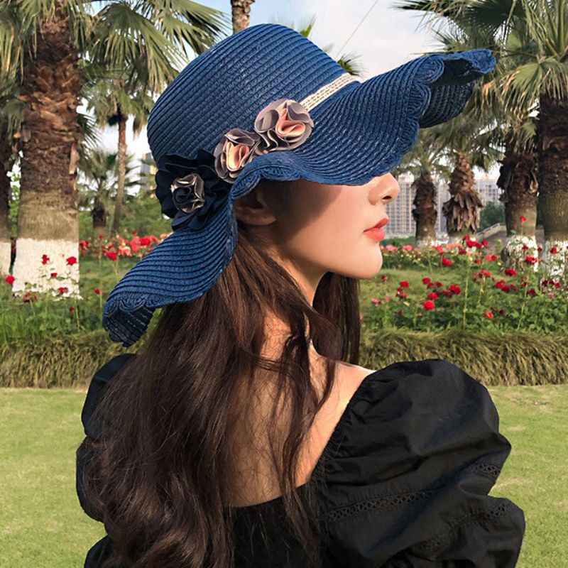 HT3147 Fashion Straw Hat Big Flower Band Wide Brim Hat Women Floppy Summer Sun Hat Ladies Beach Cap Female Packable Beach Hat