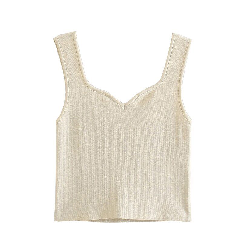 Tangada Women Solid Square Collar Beige Tank Top Sleeveless Backless Female Crop Knit Tops QJ148