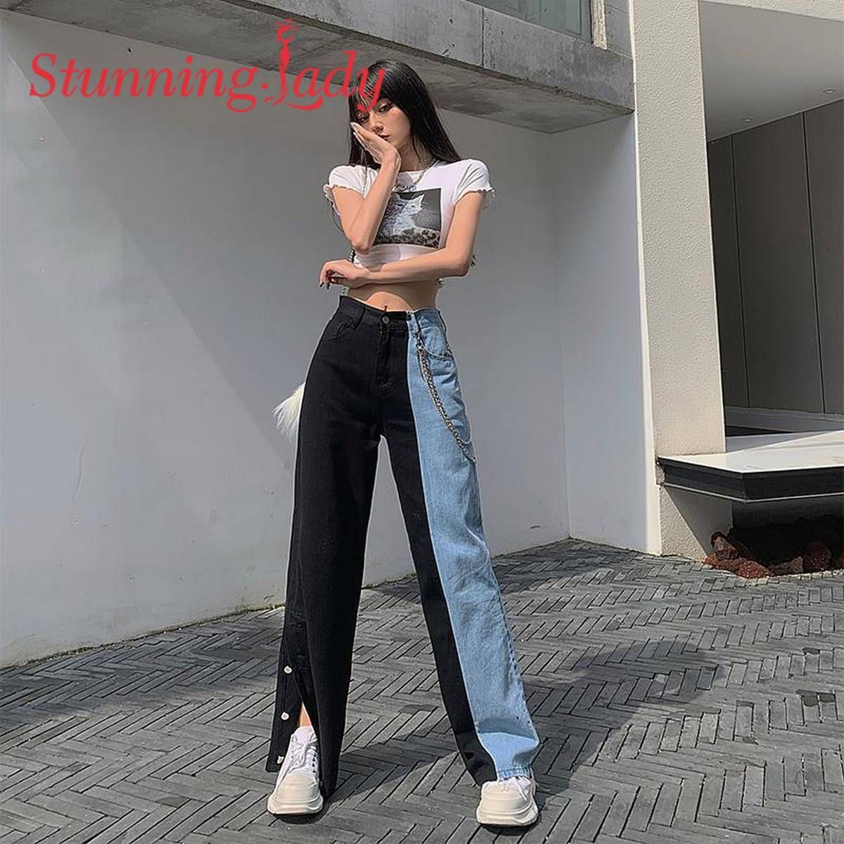 Autumn black and blue stitching contrast color high-waisted button slit jeans women's all-match tall and thin straight-leg pants