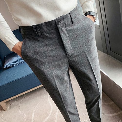 2021  clothing Men's spring slim fit Leisure pure cotton business suit pants/Male plaid Pencil pantsfashion trousers 28-38