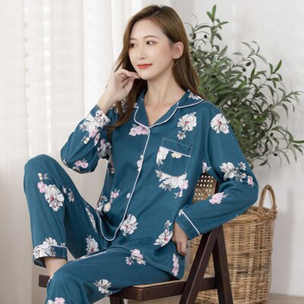 Spring Summer Cotton 2 Piece Pajamas Set Women  Printed Colorful Sleepwear Long Sleeve Pajamas Female Sleep Homewear
