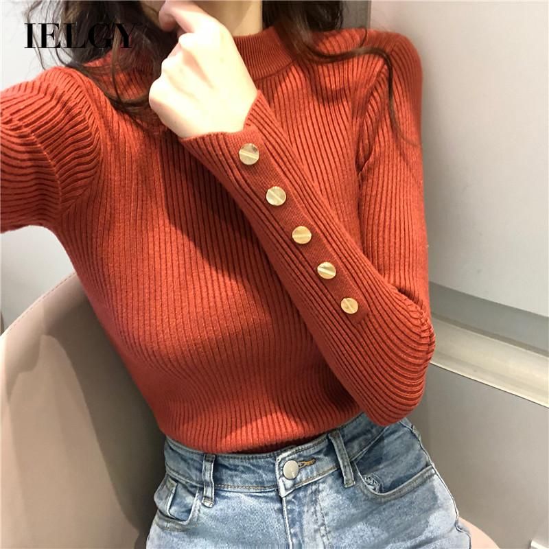 IELGY High collar Women's clothes Versatile Top Korean version Inner wear Knitted Tight Long sleeves Black