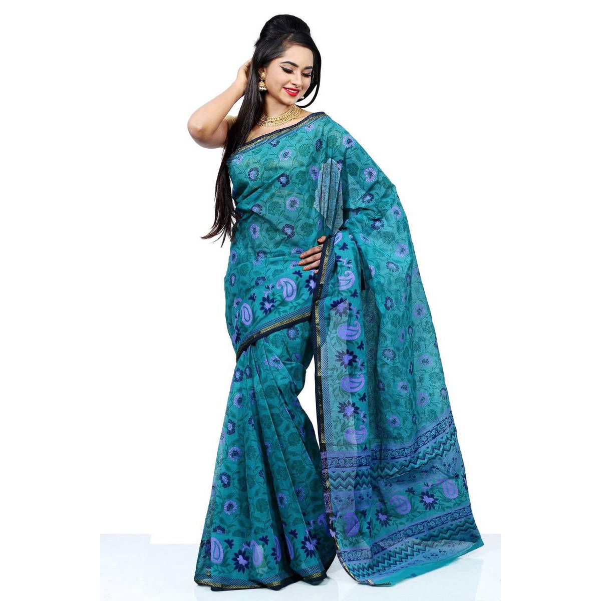 মহিলাদের জন্য হ্যান্ড ব্লক প্রিন্ট শাড়ির সাথে খাঁটি কোটন।