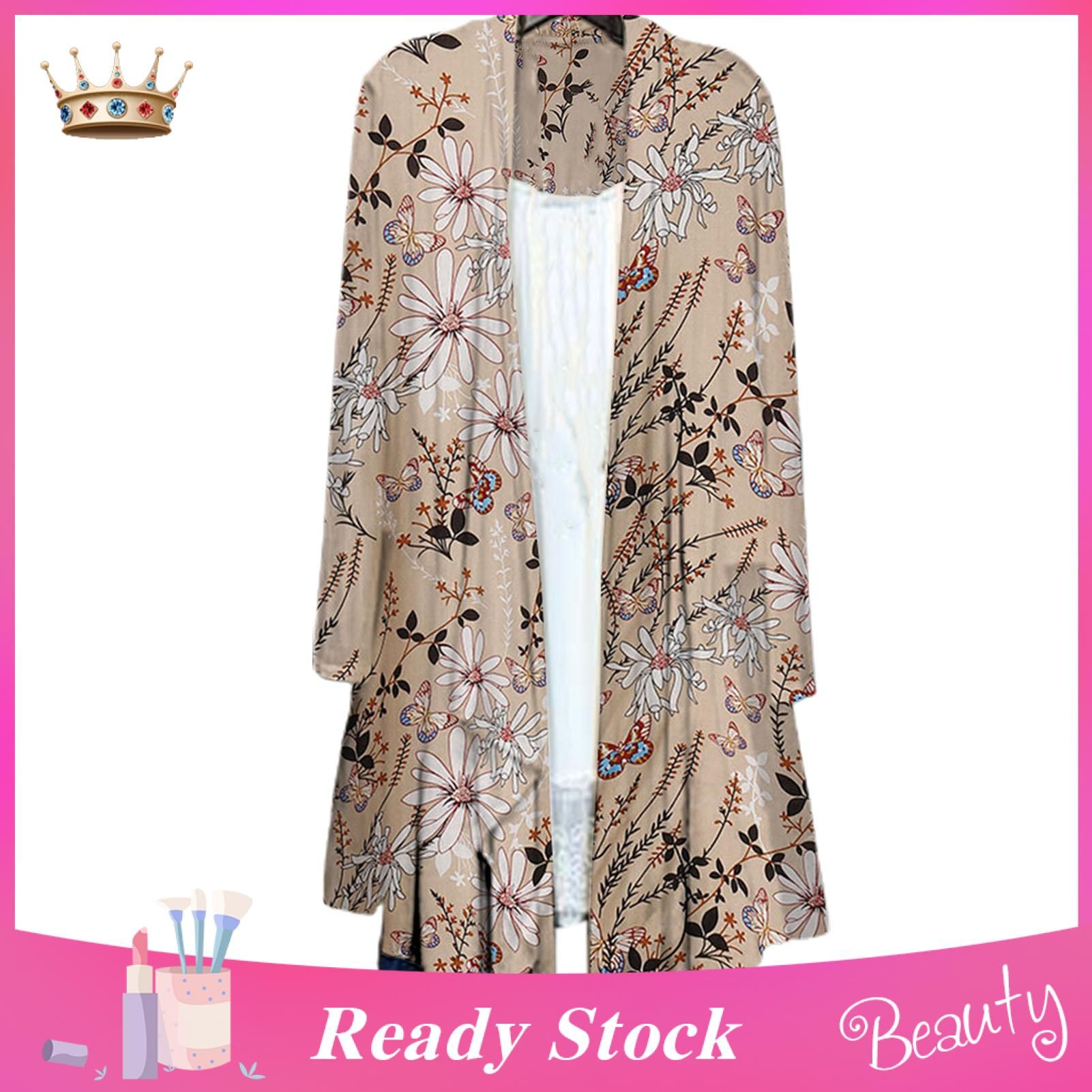 Lady Outerwear Half Sleeve Elegant Floral Print Loose Long Cardigan