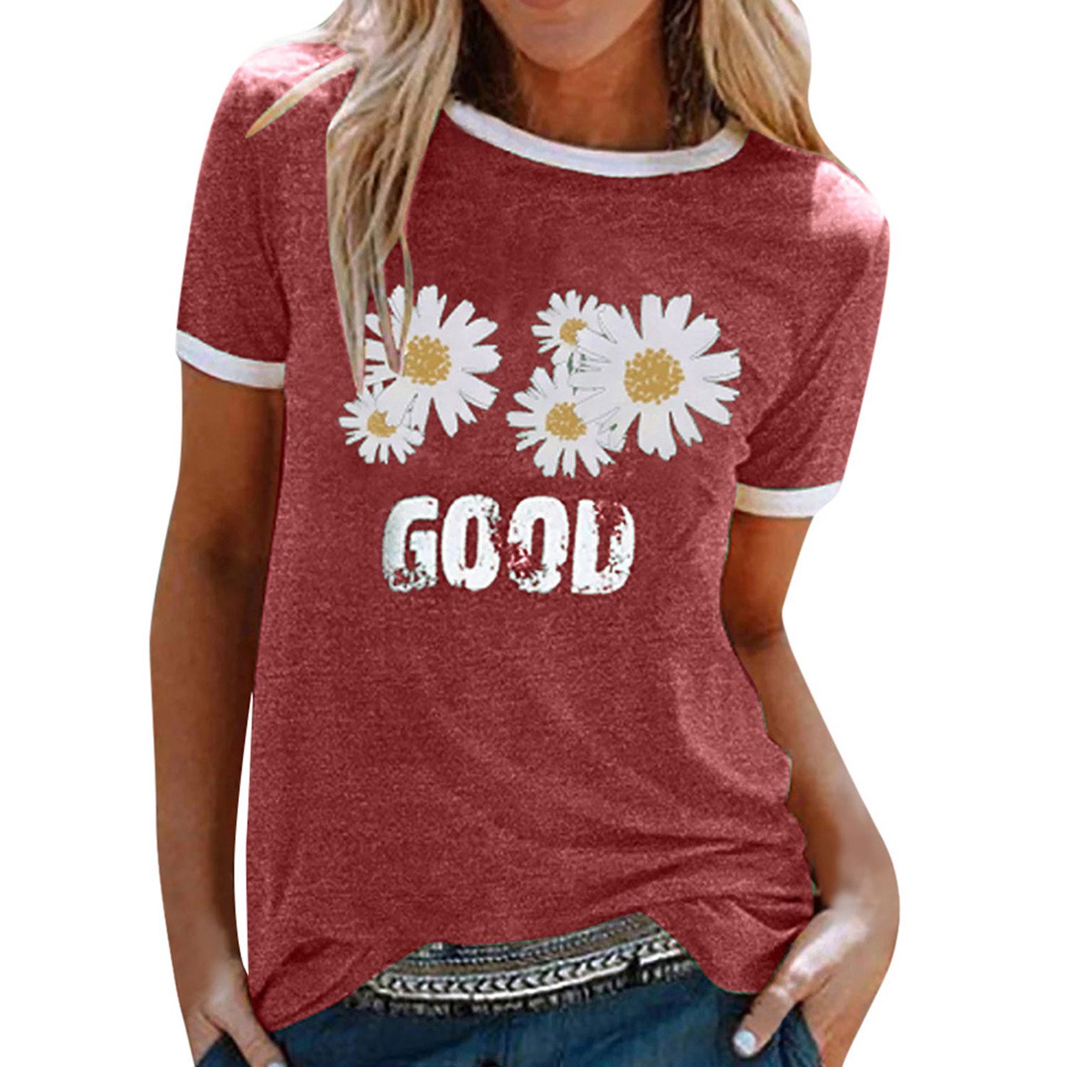 New Woman Loose T-shirt, Short Sleeve Round Neck Daisy Print Top Casual Style Pullover