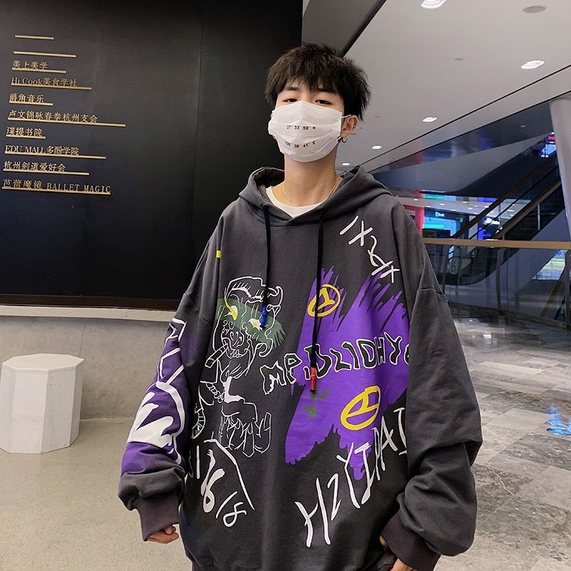Gray Oversize Hoodie Streetwear Men  Hop Cartoon Sweatshirt Girls Cool Tops Casual Funny Spring Autumn Japan Hoodies Male