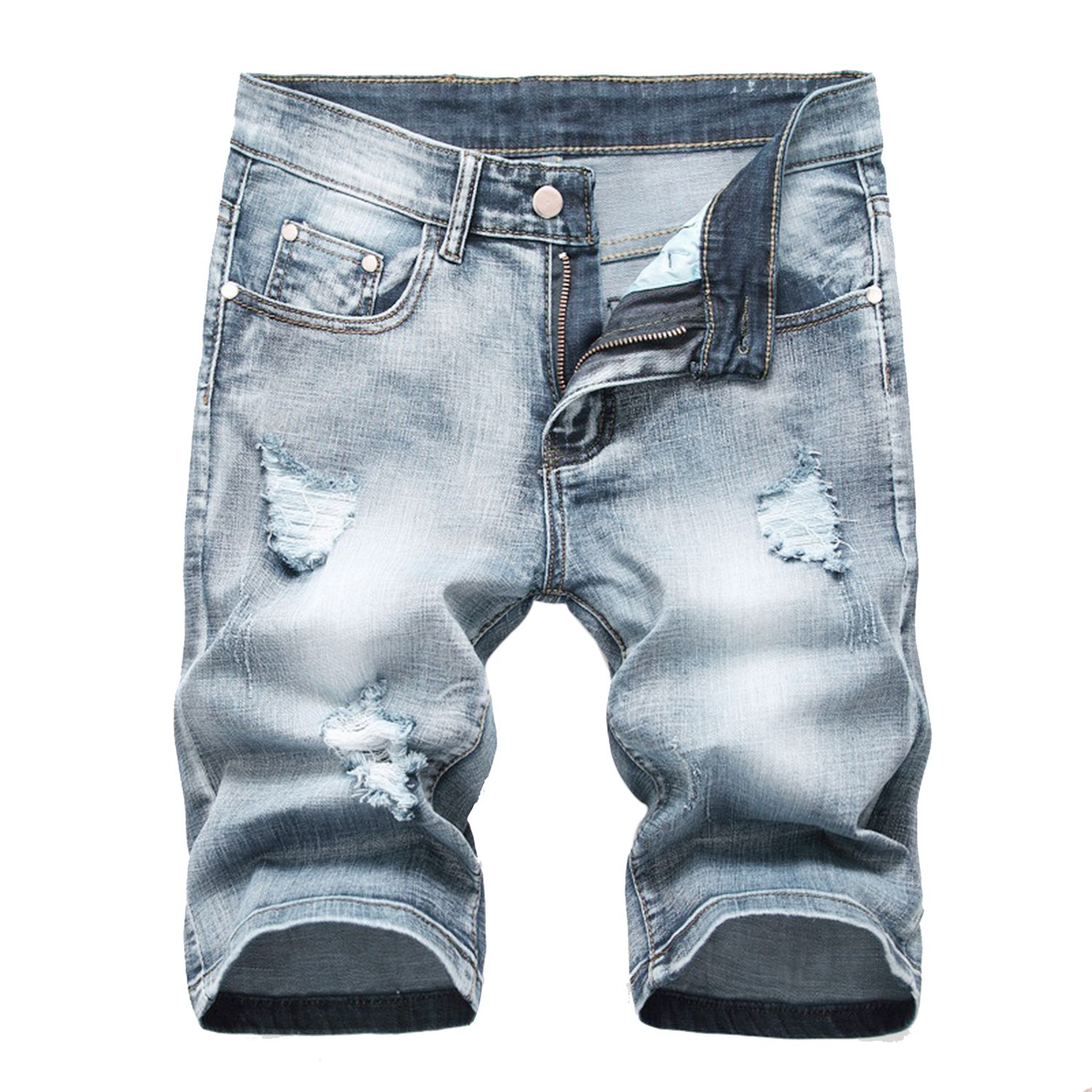 Ripped Holes Men Shorts Multi Pockets Slim Fit Mid Waist Straight Denim Shorts Short Pants