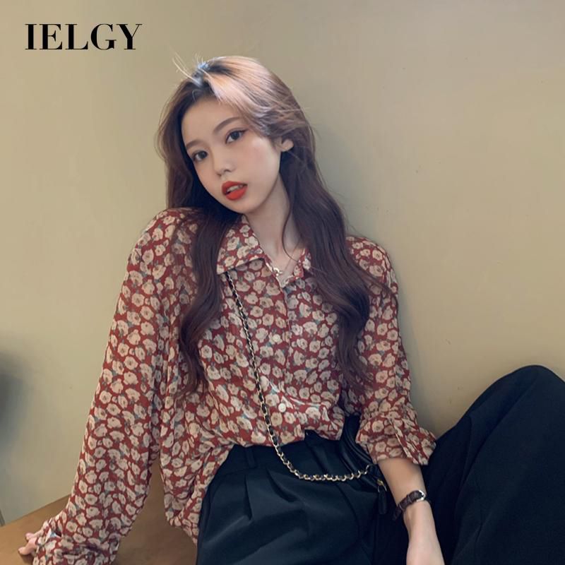 IELGY Women's clothes printed shirt fashion retro all-match casual loose long-sleeved top
