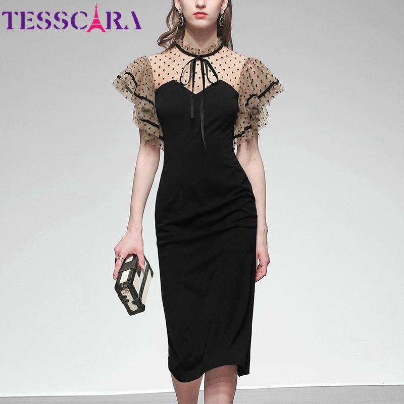 TESSCARA Women Summer Elegant Pencil Dress Festa High Quality Vintage Office Cocktail Party Robe Femme Mesh Designer Vestidos