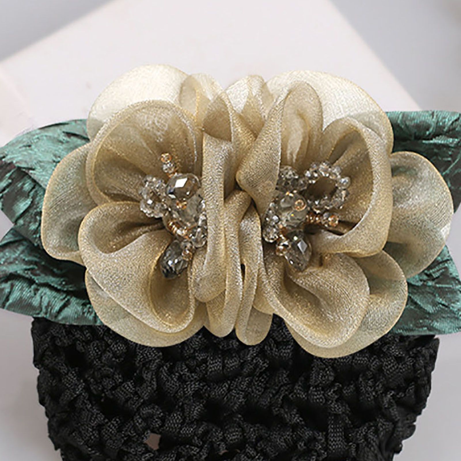 Hair Clip Anti-Slip Blooming Flower Beads Decor Bun Net
